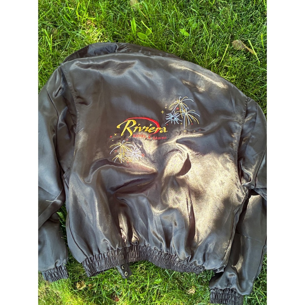 Vintage Riviera Hotel Casino Las Vegas Satin Bomber Jacket Black Embroidered L